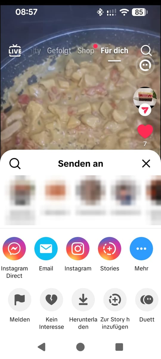 Screenshot: TikTok-Menü „Senden an“ mit dem Knopf „Mehr“