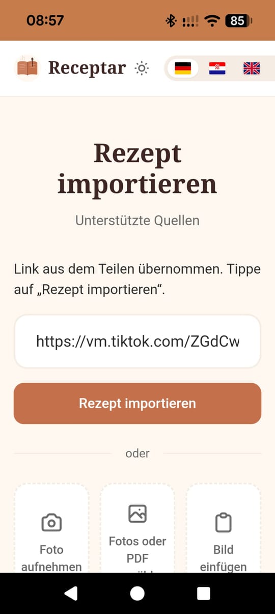 Screenshot: Import in Receptar mit eingefügtem Link und dem Knopf „Rezept importieren“