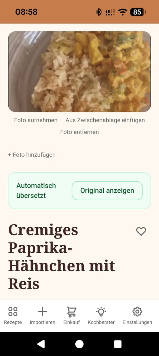 Screenshot: fertiges Rezept in Receptar mit dem Hinweis „Automatisch übersetzt“