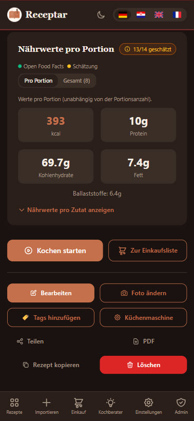 Nährwertanzeige eines Rezepts