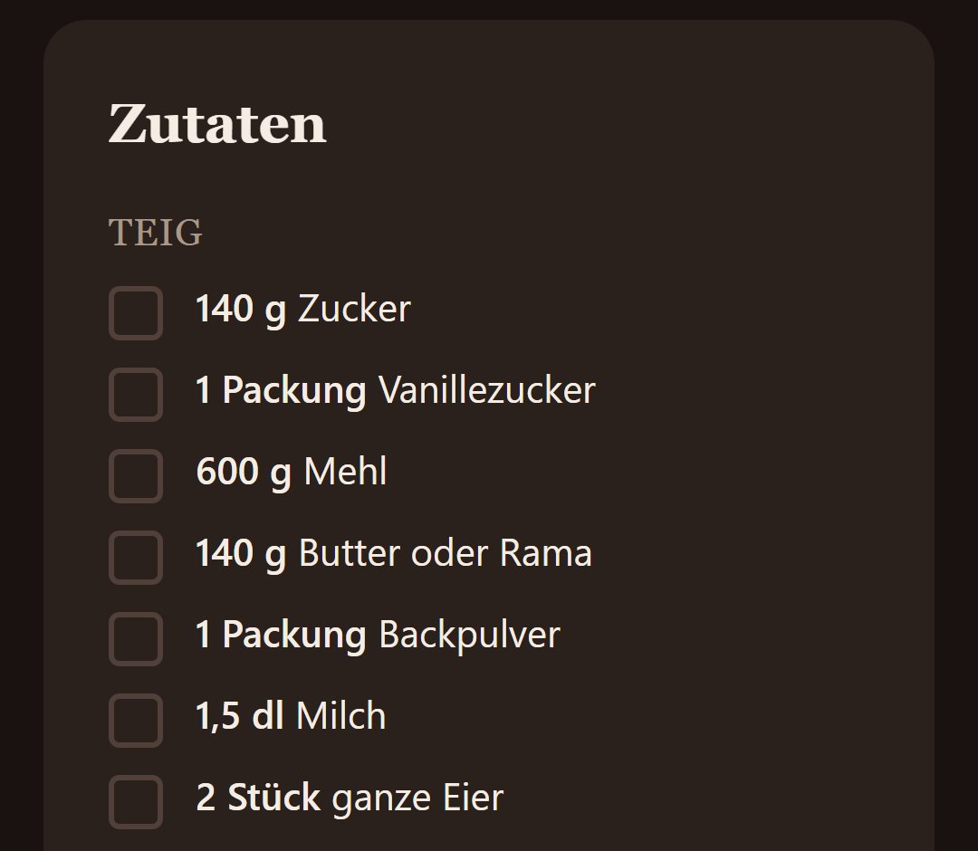 Zutaten für den Teig: 140 g Zucker, 1 Packung Vanillezucker, 600 g Mehl, 140 g Butter oder Rama, 1 Packung Backpulver, 1,5 dl Milch, 2 ganze Eier
